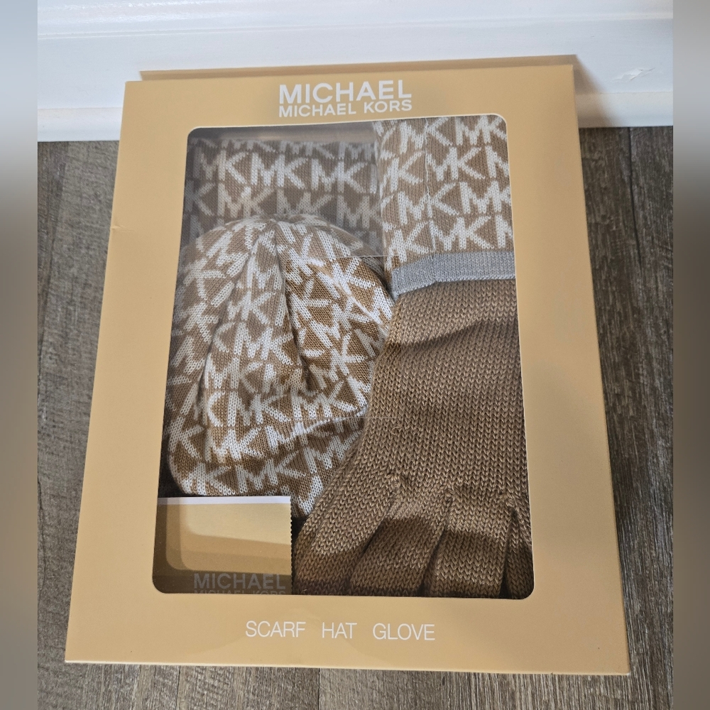 Michael Kors Tan Scarf, Hat, and Glove Set